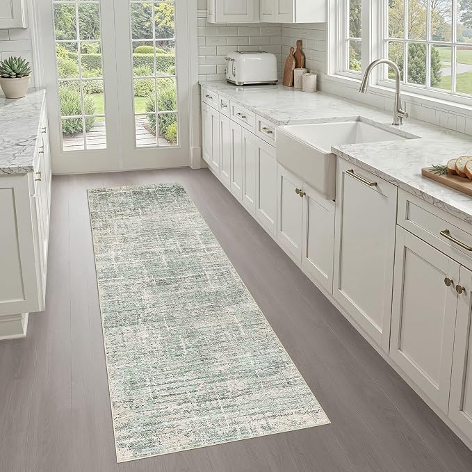 LOONGRUG Runner Rug 3x8 Washable Non-Slip Kitchen Neutral Rug Sage Green | Abstract Modern Soft Stain Resistant Indoor Accent Throw Carpet for Hallway Bathroom Bedroom Entryway