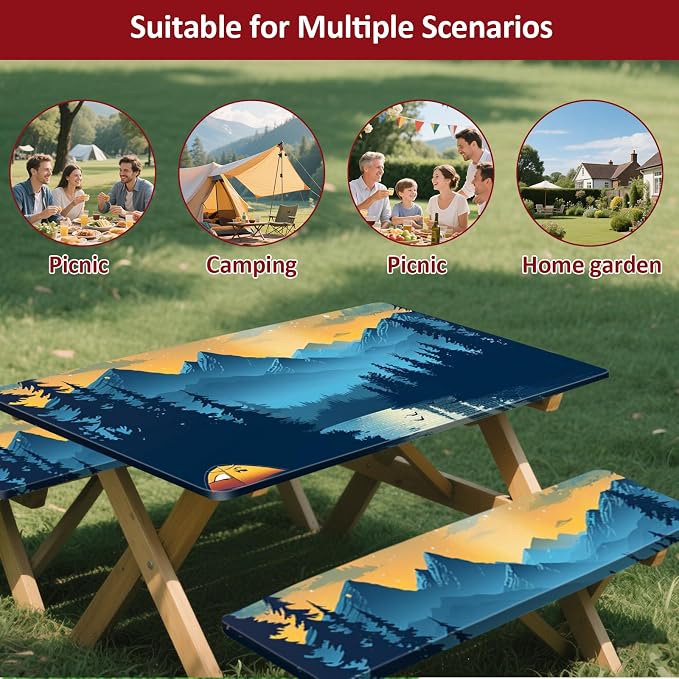 Picnic Table Cover with Bench Covers 6FT 3PCS, Camping Essentials Waterproof Windproof Tablecloth with Drawstring Bag, Fitted Rectangle Tables and Seats, 72", Lakeside Ember