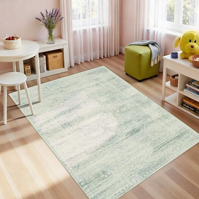 Latte&Fog 3x5 Entryway Green Area Rugs, Washable Small Rugs for Bedroom | Non Slip Low Pile Soft Floral Cute Carpet for Dining Kitchen Kids Playroom Nursery Guest Room Classroom Dorm Farmhouse Office