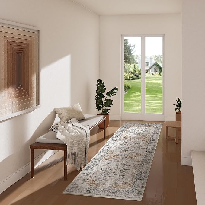 2x6 Washable Runner Rug for Entryway: Kitchen Runner Rug Non Slip Boho Floor Rug with Rubber Backing Soft Faux Wool Low Pile Non Shedding Carpet Runner for Hallways Bedroom Entry Home Office