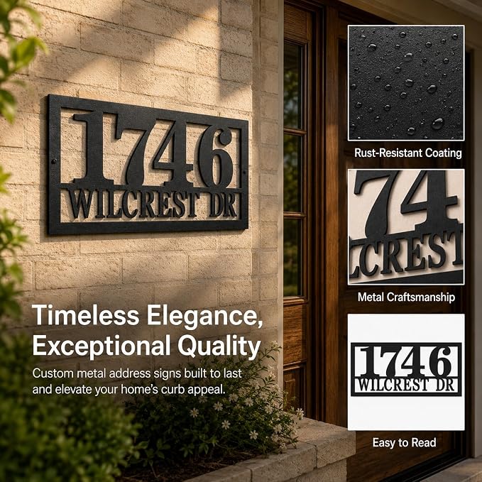 Custom Metal Address Sign Personalized House Number Plaque with Street Name for Outside Home Modern Black Address Numbers Sign for Front Porch Entryway Fence Gate Mailbox Wall Decor