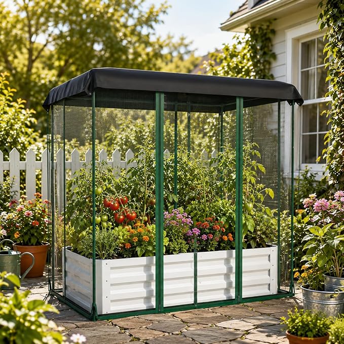 Garvee 48"x36"x12" Raised Garden Bed Kit with Shade Cloth & Irrigation, 3-in-1 Metal Planter Box with Insect Mesh & Drip System, Self-Watering Outdoor Galvanized Raised Bed for Vegetables Flowers