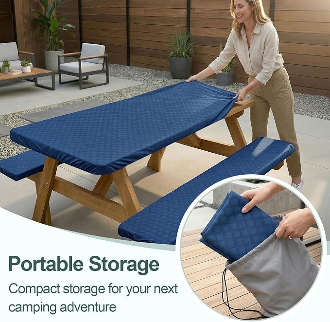 Picnic Table Cover with Bench Covers Camping Essentials Waterproof Windproof Camping Tablecloth with Drawstring Bag, Fitted Rectangle Tables and Seats, 60in, Deep Blue
