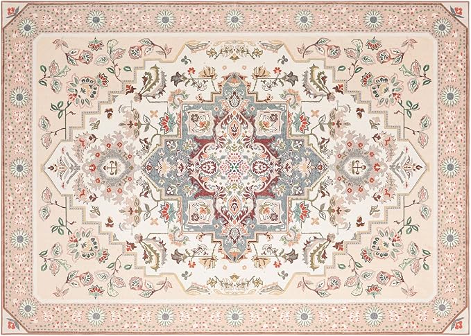 Phantoscope Washable Area Rug 5'x7' Non-Slip, Vintage Boho Rugs for Living Room, Bedroom, Dining Room, Persian Floral Medallion Pattern, Low-Pile Foldable Floor Carpet, Ivory Rose/Fall Bloom