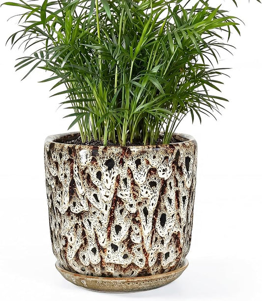 7.8 Inch Ceramic Plant Pot with Drainage Hole Mesh Net, Large Flower Pots for Indoor Plants with Saucer, Gardening Pots Outdoor