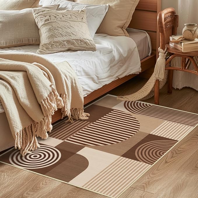 Brown Geometric Rug 2x3 for Entryway Machine Washable Mid Century Modern Rug Non Slip Low Pile Minimalist Line Rugs Door Indoor Mat Carpet for Bathroom Bedroom Kitchen Laundry,Brown