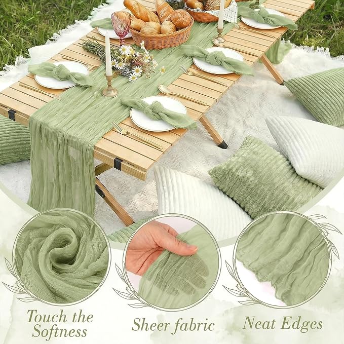 91 x 71 Extra Large Outdoor Boho White Picnic Blanket with Green Table Runner, 6 Napkins and 6 Throw Pillow Covers Table Decor for Beach Picnic Camp Wedding Party Birthday Baby Shower