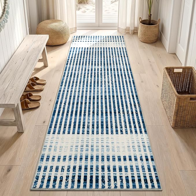 Washable 2x6 Modern Striped Area Rug, Abstract Runner for Hallway,Kitchen | Beige Blue, Soft Low Pile, Skin Friendly, Non-Slip for High Traffic, Laundry Vintage Coastal Nautical Style Home Decor