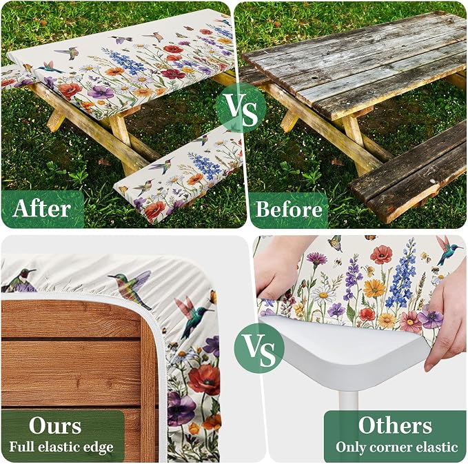 Picnic Table Cover with Bench Covers Elastic Edges, Floral Camper Fitted Table Cover, Outdoor Camping Essentials 72 Inch 3PCS, Waterproof Camping Fitted Tablecloth with Drawstring Bag