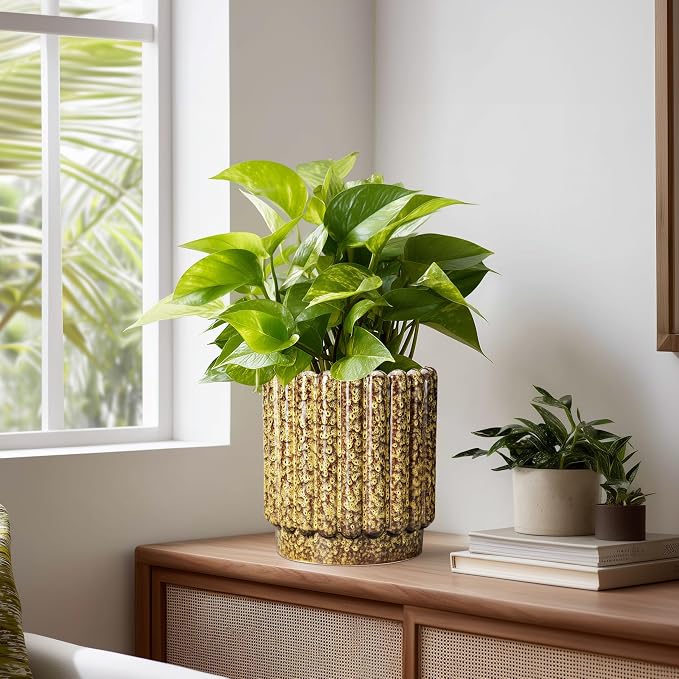 Ceramicfor Ceramic Planter, 7.6 Inch, Yellow | Round Flower Pot, Drainage Hole, Fluted Decorative Design, Indoor & Outdoor Use