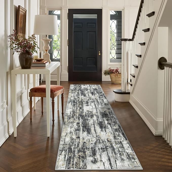 2'6''x8' Runner Rugs Washable Rug: Modern AbstractBlack Grey Gold Carpet | Non-slip TPE backing makes this washable soft low-pile rug safe & durable, Pet-friendly decor for dining room,nursery,office