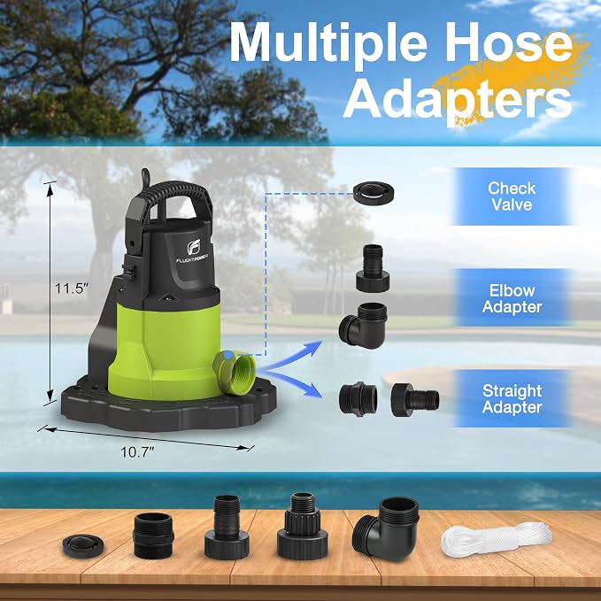 FLUENTPOWER Automatic Pool Cover Pump, 3/4HP 3400GPH Submersible Above Ground Water Removal Pump with Check Valve Adapter, 26FT Power Cord for Pool, Hot Tub, Rooftop, Water Bed, Basement Draining