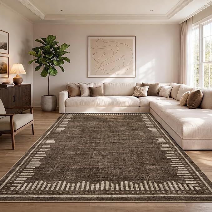 Garvee 4x6 Scalloped Area Rugs Living Room Bedroom Washable Neutral Rug | Modern Gometric Brown Solid Color Nursery Rugs Low Pile Stain Resistant Non Slip Kitchen Entry Home Office Throw Carpet