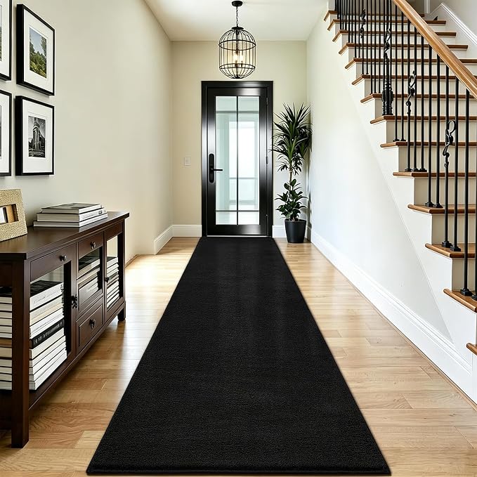 Vasofe Black Runner Rug, 2x10 Feet Washable Soft Hallway Bedroom Runner Rug | Indoor Thickened Memory Foam Long Bedside Rugs for Dorm Kids Boys Room, Washable Medium Pile Soft Carpets for Entrance Hall