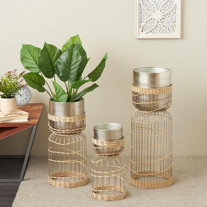 Deco 79 Metal Indoor Planter Textured Dome Large Planter Pot with Woven Rattan and Caged Rod Pedestal Base, Set of 3 Planters 30", 23", 18" H, Silver