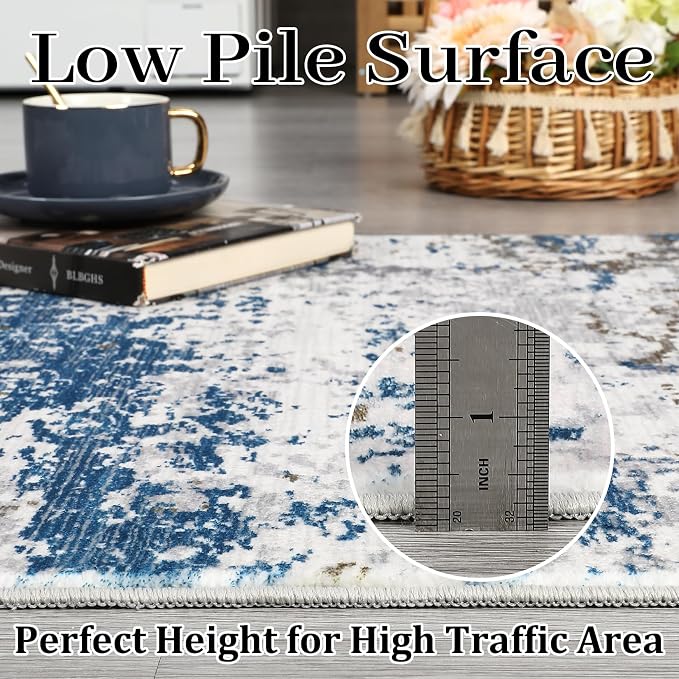 ROYHOME 10x13 Modern Abstract Area Rug Faux Wool, Navy | Low Pile Ultra Soft Stain Resistant Accent Washable Non Slip Non Shedding Throw Rug for Living Room Bedroom Home Decor