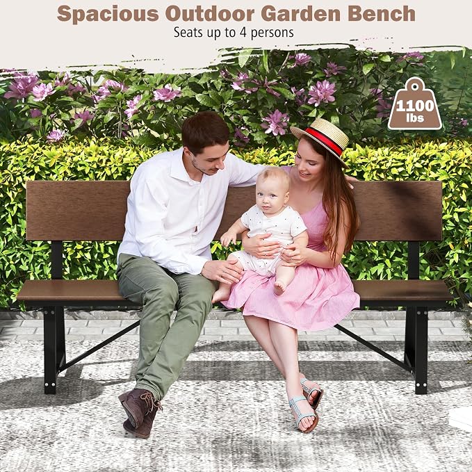 Giantex 72 Inches Outdoor Bench with Weatherproof HDPE Backrest & Seat, Heavy Duty Metal Frame, 1100 Lbs Capacity, Park Bench for 4-Person, Lawn, Porch, Deck, Patio (2, Brown)