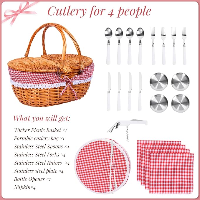 Wicker Picnic Basket with Handle, 15" Large Picnic Basket with Lid & Removable Liner, Vintage Hand Woven Basket with Cutlery Set for Picnics, Camping, Thanksgiving, and Birthday