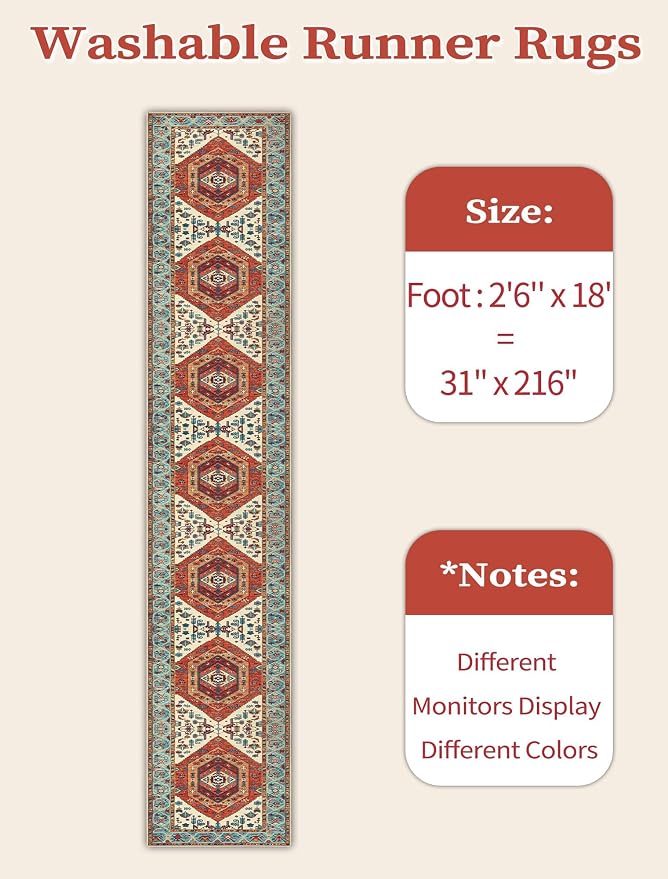 SERISSA 2'6"x18' Washable Non Slip Boho Runner Rug for Hallway，Orange | Ultra Soft Vintage Oriental Carpet Low-Pile Tribal Floor Carpet for Kitchen Bedroom Entryway Bathroom Laundry Room