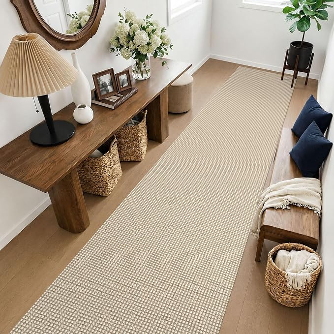 KOZYFLY Cotton 2.5'x14' Runners Rugs for Hallway, Long Washable Runner Rug, Woven Non Slip Kitchen Runner, Flatweave Entryway Rug, Floor Carpet for Entry, Aisle, Hall, Ivory/Camel/Brown