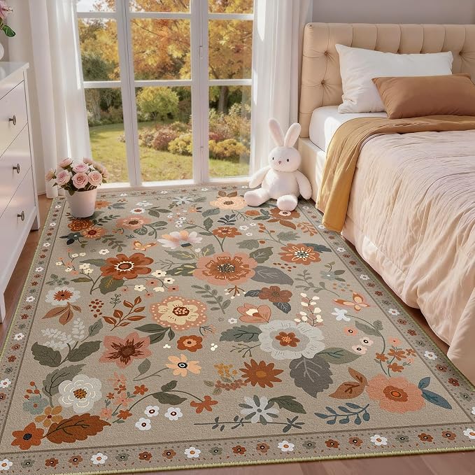 RELEANY Floral Washable 4x6 Area Rugs Brown/Brick | Flower Carpet, Print, Boho, Non-Slip, Easy to Clean, Soft, Low Pile for Living Room Bedroom Kitchen Office Entryway Hallway