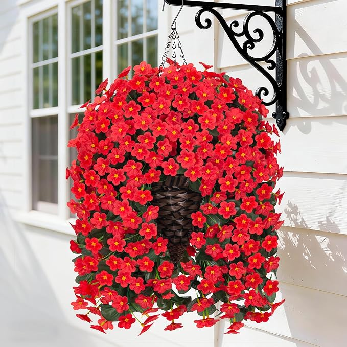HyeFlora Artificial Fake Hanging Flowers Plants Basket for Outdoor Outside Spring Summer Decor, Faux Silk Red Daisy Flower Look Real UV Resistant Orchid Vine Plant for Porch Garden Yard Patio Home