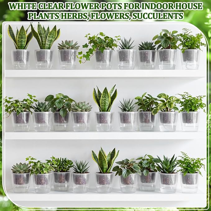 12 Pcs Self Watering Pots, 6.7 Inch Plastic Flower Plant Pot with Inner Pot Self Watering Wick Planter Clear Flower Pots for Indoor House Plants Herbs, Flowers, Succulents (Transparent)