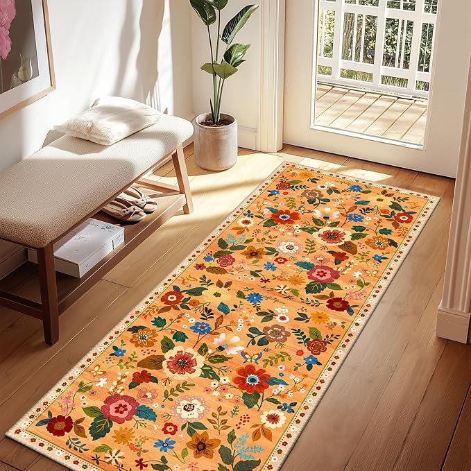 Floral Washable 2x8 Area Rugs Runner Entryway Hallway Orange/Yellow/Red | Flower Carpet, Print, Boho, Non-Slip, Easy to Clean, Low Pile, Soft, for Living Room Bedroom Kitchen Office Entrance