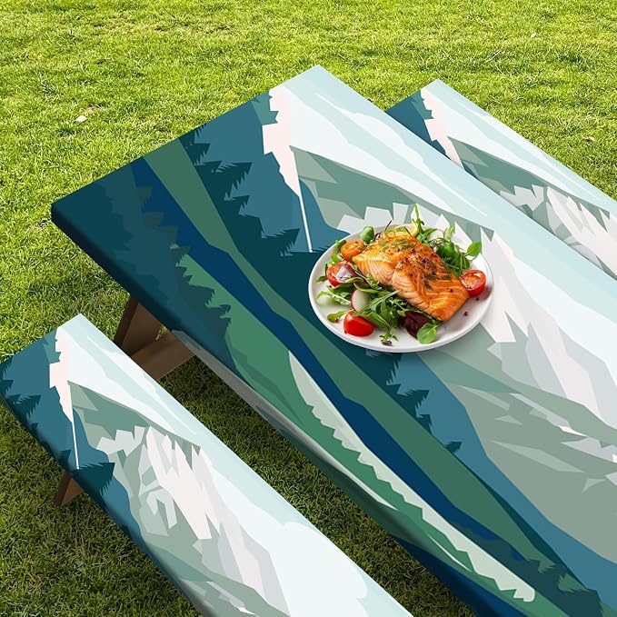 3 Piece Fitted Picnic Table Cover with Bench Covers, 72"x30" Full Elastic Edge Camping Tablecloth, Waterproof Wipeable RV Outdoor Patio Park Camping Essentials With Drawstring Bag (Mountain)
