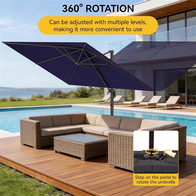 9x12 FT Cantilever Patio Umbrella, Large Rectangular Offset Outdoor Umbrella with 360° Rotation, Heavy Duty Shade Umbrella for Garden Backyard Deck Poolside Courtyard, Navy Blue