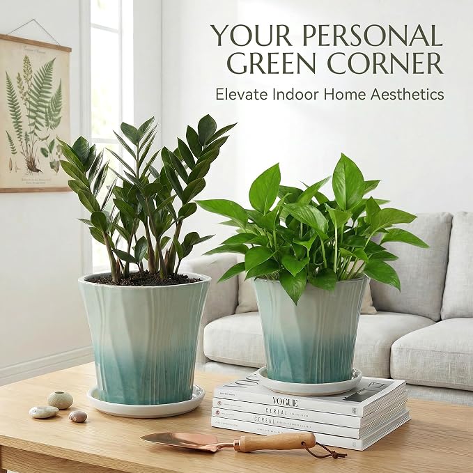 8.3 Inch Ceramic pots for Plants with Saucer Drainage Leak-Proof Mesh, Round Plant Pot with Gardening Gloves for Indoor Outdoor Plants (Rippled Green)