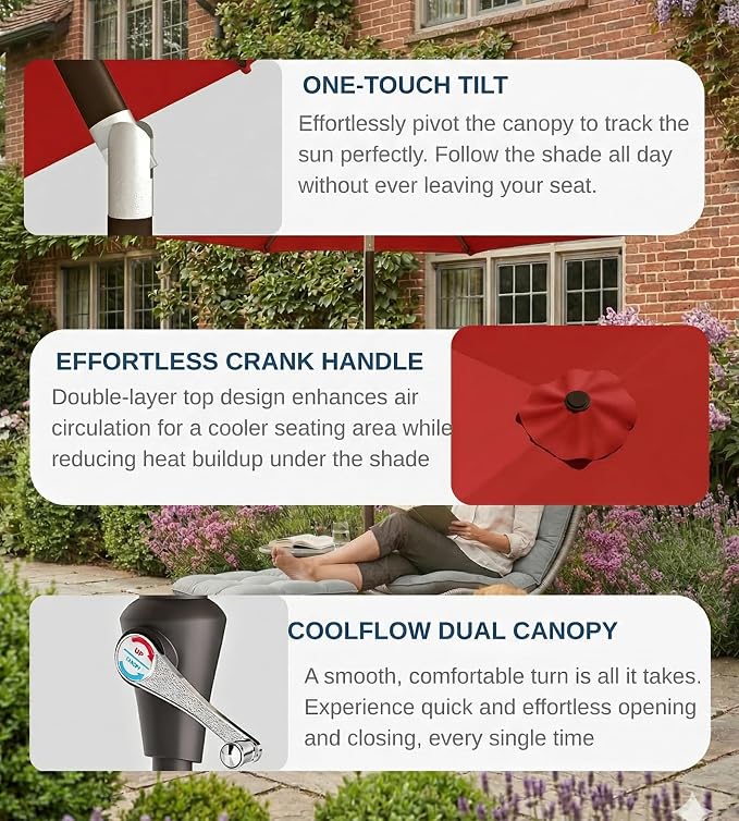 PatioKingdom 9FT Patio Outdoor Umbrella-UPF 50+ Sun Shade with Wind Vent, Push-Button Tilt & Smooth Crank Lift, Rust-Resistant Fiberglass Frame for Garden, Backyard,Yard (Red)