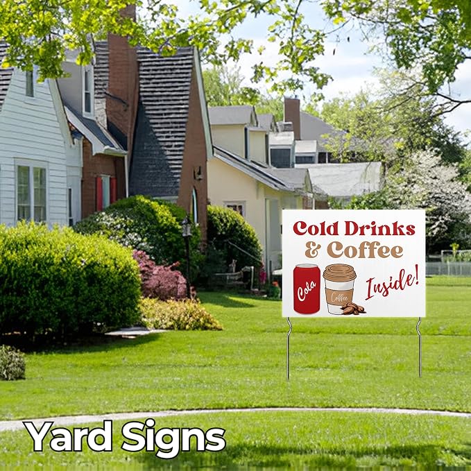 Cold Drinks & Hot Coffee Inside! Yard Sign by DC | 24"x18" Double Sided Conv. Store Garden Sign with 13” Metal Stakes | Outdoor Signs Waterproof for Lawn, Patio, Sidewalk & House | Set of 5