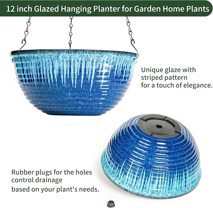 Vanslogreen 12 inch Hanging Planters for Indoor Outdoor Plants, 2 Pack Large Hanging Flower Pots with Drainage Holes and Chain, Glazed Hanging Baskets for Home Garden Decoration (Blue Flow Glaze)