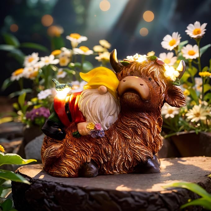 Pohabery Garden Gnome Statue - Highland Cow with Solar Flower LED Lights and Bird - Funny Outdoor Decor for Table, Patio, Lawn - Unique Birthday Gifts for Mom, Women, and Christmas Decorations
