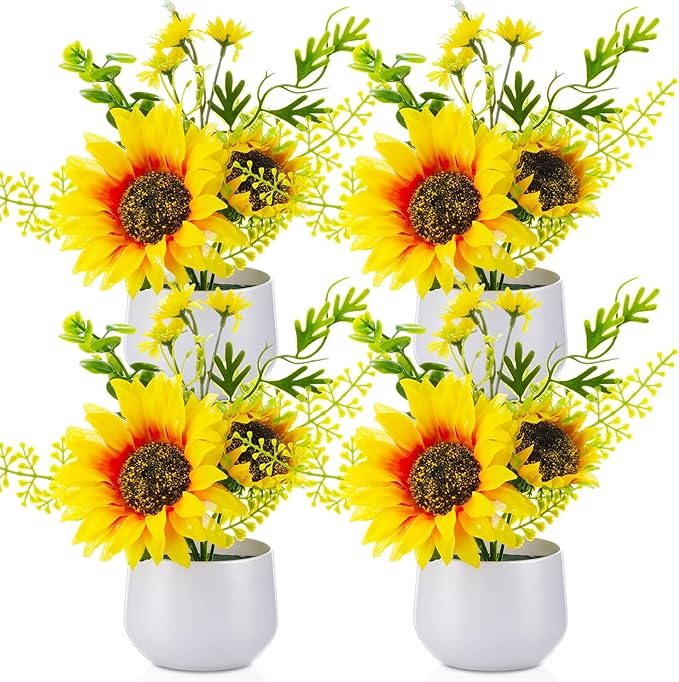 Zeyune 4 Pcs Sunflower Potted Plants Rustic Summer Spring Kitchen Wedding Table Centerpieces Silk Yellow Fake Flower with Plastic Pot for Home Bathroom Office (Classic,Sunflower)