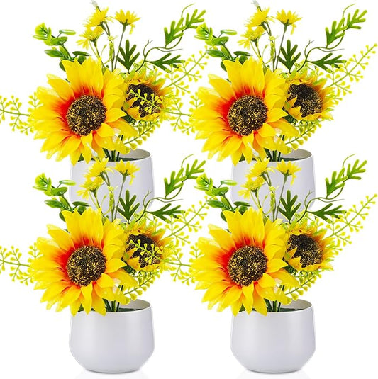 Zeyune 4 Pcs Sunflower Potted Plants Rustic Summer Spring Kitchen Wedding Table Centerpieces Silk Yellow Fake Flower with Plastic Pot for Home Bathroom Office (Classic,Sunflower)