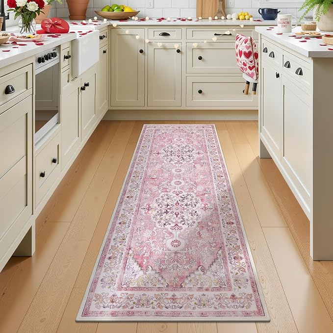 U'Artlines 2' x 6' Boho Hallway Runner Rug, Washable Carpet, Pink | Non Slip, Vintage Farmhouse Accent Area Rug Carpet, for Kitchen Entryway Laundry and Living Room