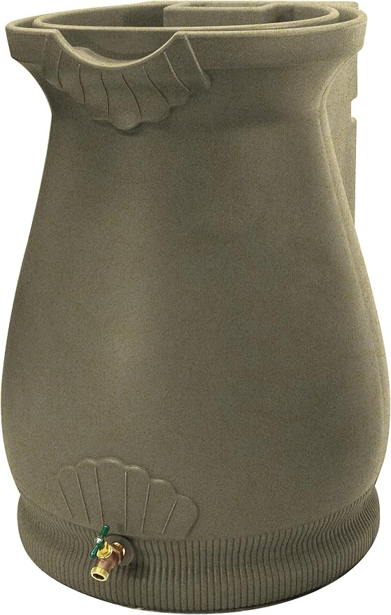 Good Ideas Rain Wizard Plastic Resin Urn, 65 Gallon Rain Barrel with Self-Draining Planter Top and Meshed Screen to Block Debris, Sandstone