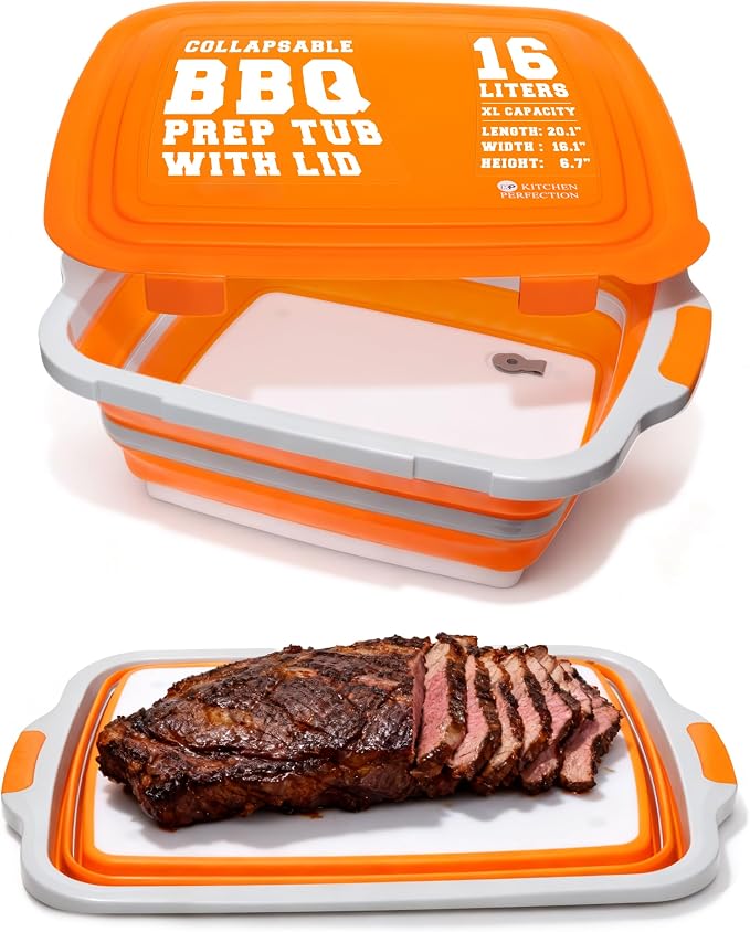 KITCHEN PERFECTION Collapsible XL Smoker & BBQ Prep Tub with Locking Lid | Includes Cutting Board, Meat Marinade & Brine Container For Turkey, Brisket & Ribs - Best Grill Accessories Gifts For Men