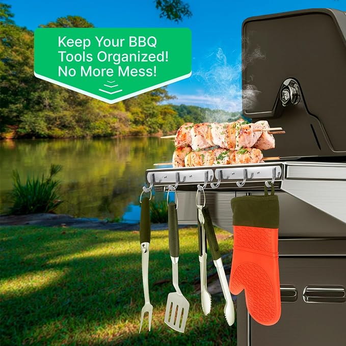 Skywin TidyFriend 2 PCS Grill Hooks for Utensils, Heavy Duty BBQ Utensil Rack with Screws, Metal Kitchen Hooks for Hanging Utensils, Kitchen Utensil Hanger for Grill, Weber, Blackstone