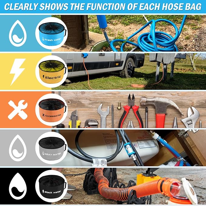 5 Pack RV Sewer Hose Storage with Drawstring Mesh Top, Waterproof RV Accessories Bags Utility Bag Organizer for Garden Fresh Water Hoses Electrical Cords Camper Tools