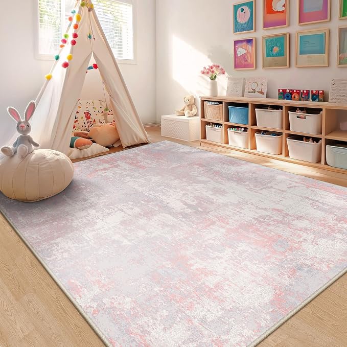 RELEANY Washable 9'x12' Abstract Area Rug for Living Room Gray Pink | Carpet for Bedroom, Kitchen, Office, Hallway and Entryway, Printed Pattern, Non‑Slip, Soft, Stain‑Resistant, Easy to Clean