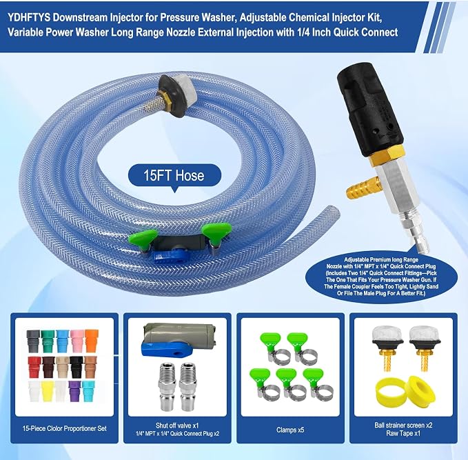 Adjustable Long Range Nozzle for Pressure Washer, Downstream Injection Spray Nozzle Kit 4–4.5 GPM, External Chemical Injector w/1/4" Quick Connect,15FT Hose,Shut-Off Valve & Filter,2500–4000 PSI.