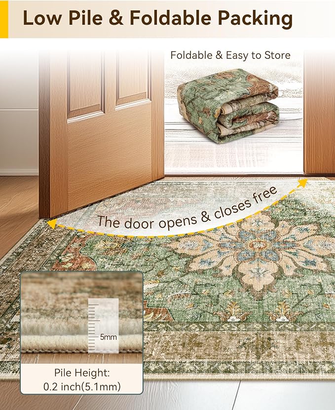 RELEANY Washable Area Rug, Square 6'x6', Brick/Brown/Green | Non-Slip, Water Repellent, Pet Friendly, Easy to Clean, Vintage Floral Boho Decor for Living Room Bedroom Dining Room Office