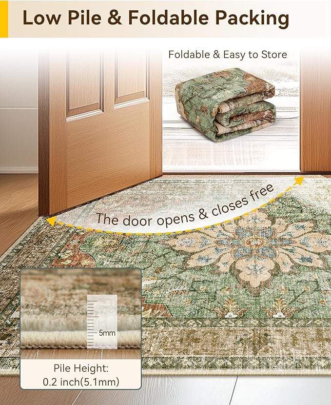 RELEANY Washable Area Rug, Runner 2'x10', Brick/Brown/Green | Non-Slip, Water Repellent, Pet Friendly, Easy to Clean, Vintage Floral Boho Decor for Kitchen Hallway Bedroom Laundry