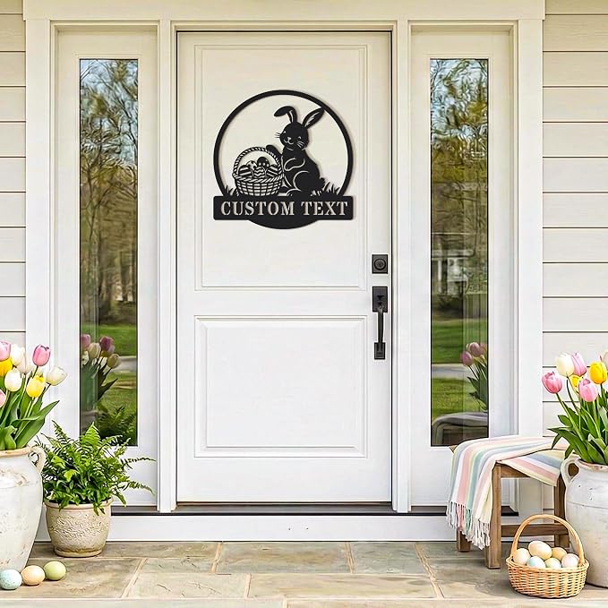 Personalized Easter Bunny Metal Wall Art with Custom Text, Easter Rabbit with Eggs Sign for Front Door, Farmhouse Spring Easter Decoration