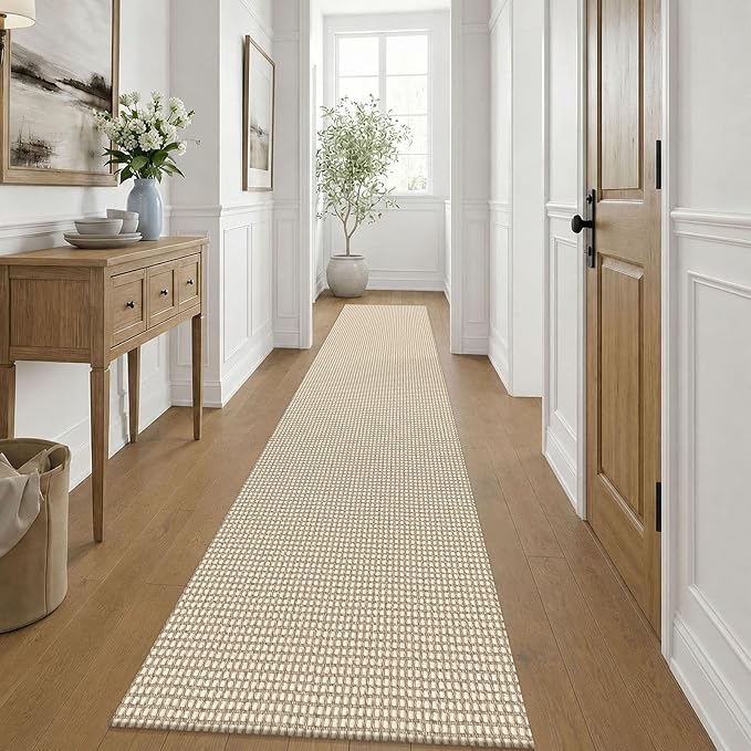 KOZYFLY Cotton Runners for Hallway 3x9, Wide Washable Runner Rug, Woven Non Slip Kitchen Runner, Braided Entryway Rug, Floor Carpet for Foyer, Bedroom, Hall, Ivory/Camel/Brown
