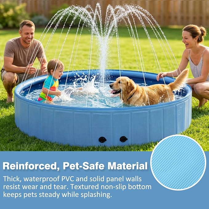 Eooqi Foldable Dog Pool with Sprinkler, Extra Large Thickened Splash Pool | 2-in-1 Outdoor Summer Water Play Toy, Non-Slip Hard-Side Kiddie Pool for Backyard Dogs, Kids & Pets (Blue, 79"-4XL)