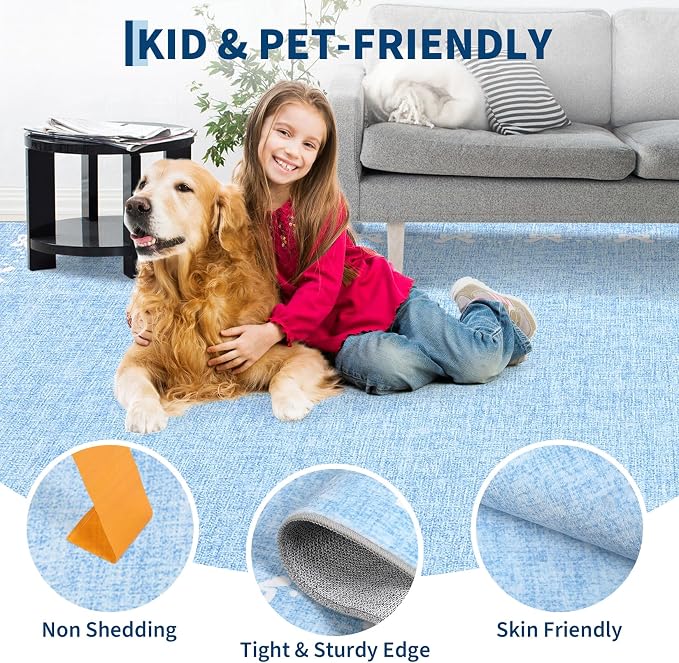 COZYLOOM 9x12 Bow Rug for Bedroom, Large Printed Nursery Rug with Non Slip Backing, Stain Resistant Non Shedding Modern Farmhouse Rugs Low Pile Soft Bordered Carpet for Bedroom, Dining Room, Blue